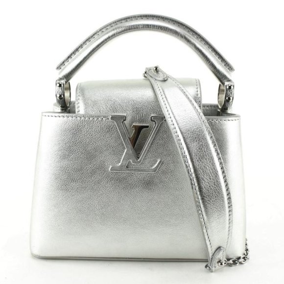 Louis Vuitton Handbags - Louis Vuitton Metallic Calfskin Mini Capucines Silver Crossbody Chain Bag 65lk71